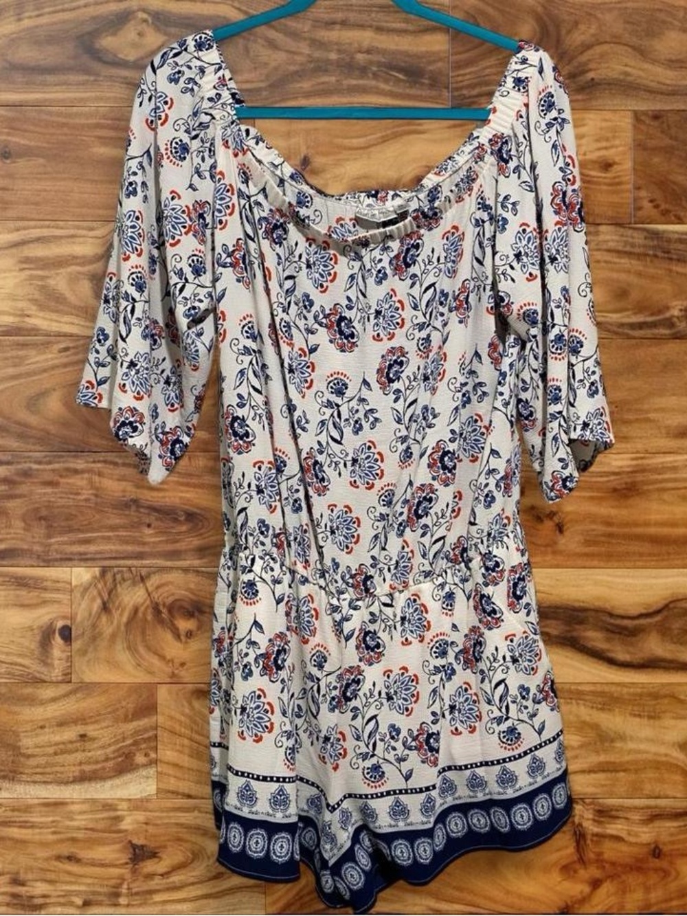 Bohemian Cream Floral Off-Shoulder Romper with Navy & Rust Accents